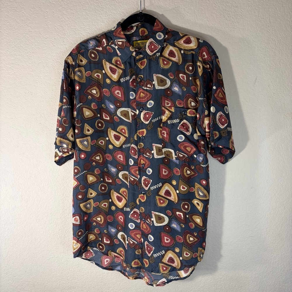 Crepros 90's Vtg 100% Silk Funky Print Short Sleeve Button Down Shirt 20” PtP
